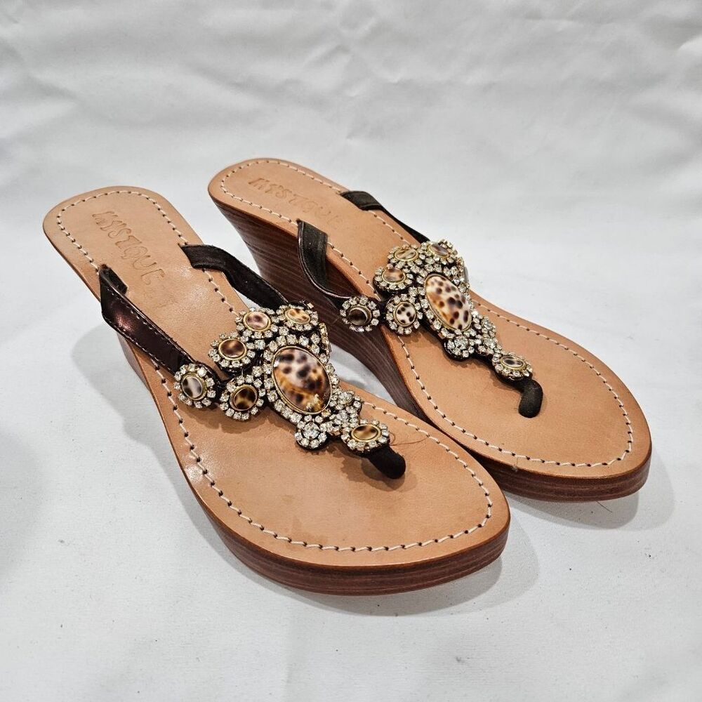 Mystique Sandals Wedge Thong Jeweled Rhinestone Shell Leopard Leather Size 8
